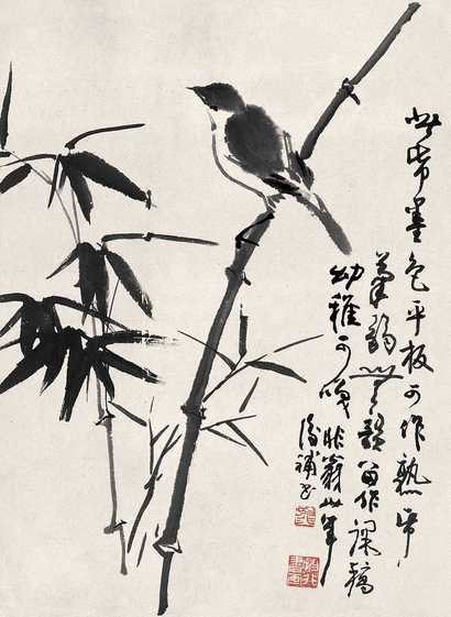陆抑非 竹雀 立轴